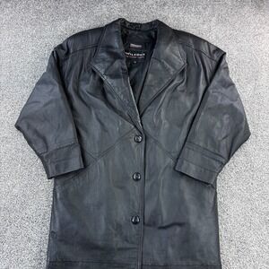 Vintage Wilsons Leather Trench Coat Women's M Pet Black Long Button Front Blazer
